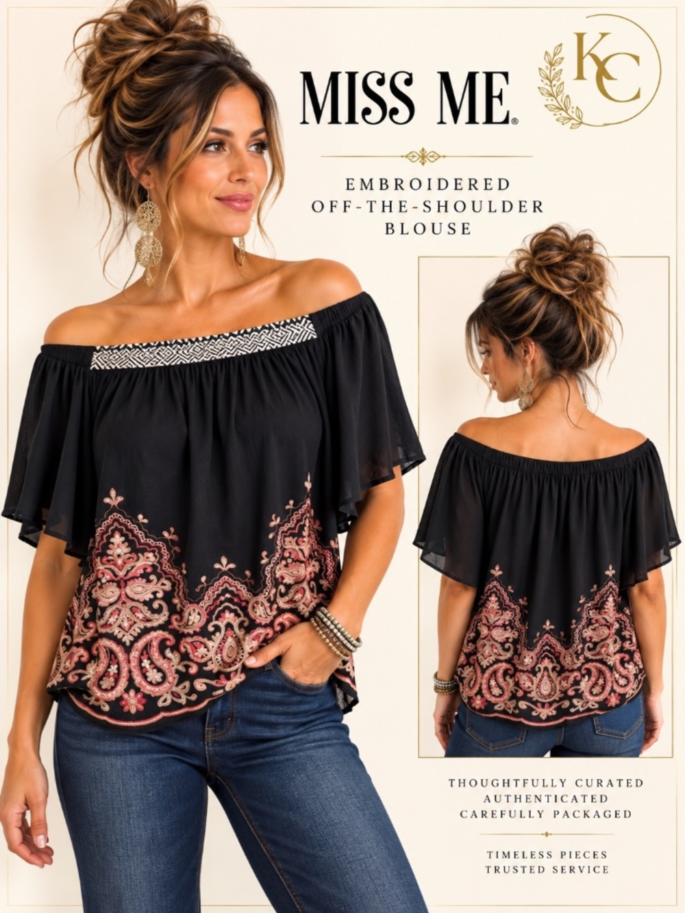 Miss Me Embroidered Off Shoulder Blouse Black Boho Flutter Sleeve Small